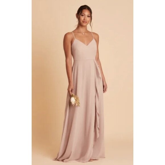 BIRDY GREY Taupe Ruffle Chiffon Maxi Bridesmaid Dress Wedding Neutral - Size XS - Picture 1 of 16